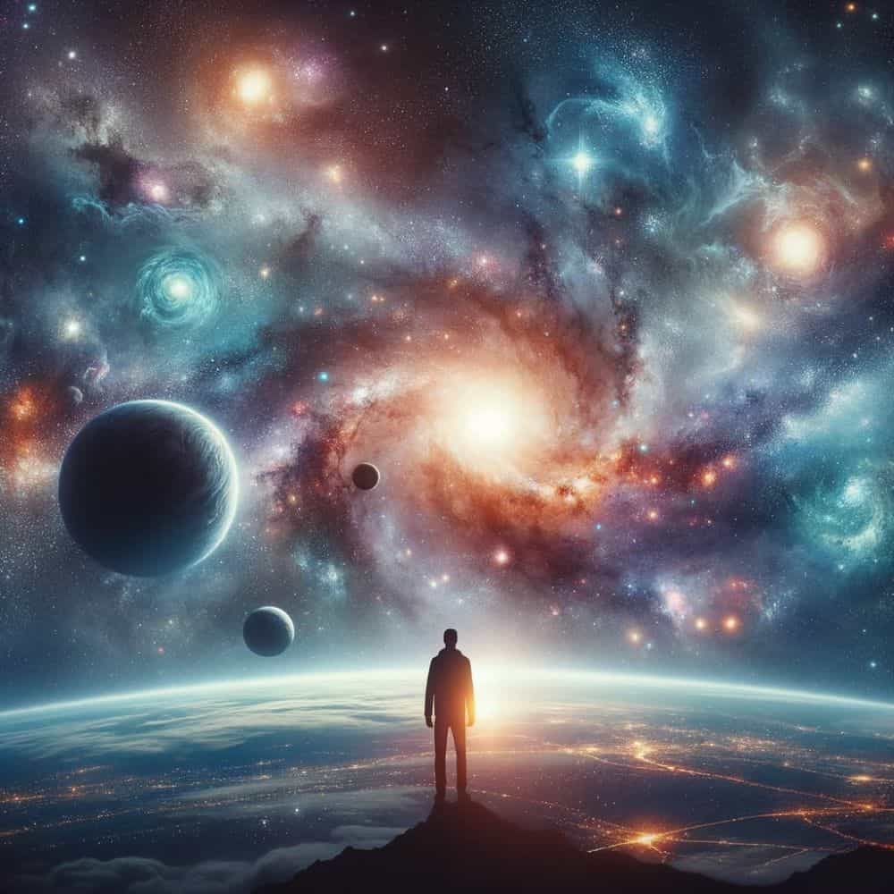 Photo of an endless cosmic expanse, with galaxies, stars, and planets, juxtaposed against a human silhouette, capturing the vastness of existence and our nature within it. NLP Coaching