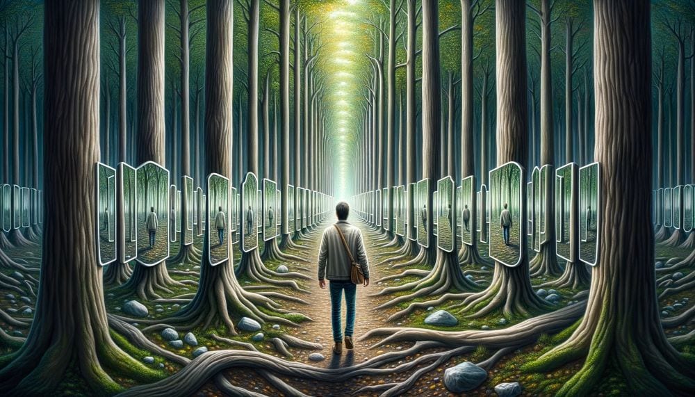 Hyperrealistic drawing of a man in the middle of a dense forest, surrounded by a multitude of mirrors, each reflecting a different phase of his life, leading to a central mirror showing his true self, symbolizing the journey of self-realization.