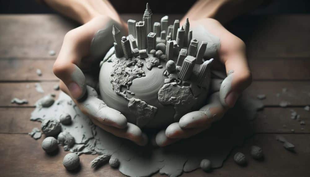 Photo of a person molding a clay globe in their hands, with cityscapes and natural landscapes forming under their fingertips, illustrating the idea of shaping our reality.