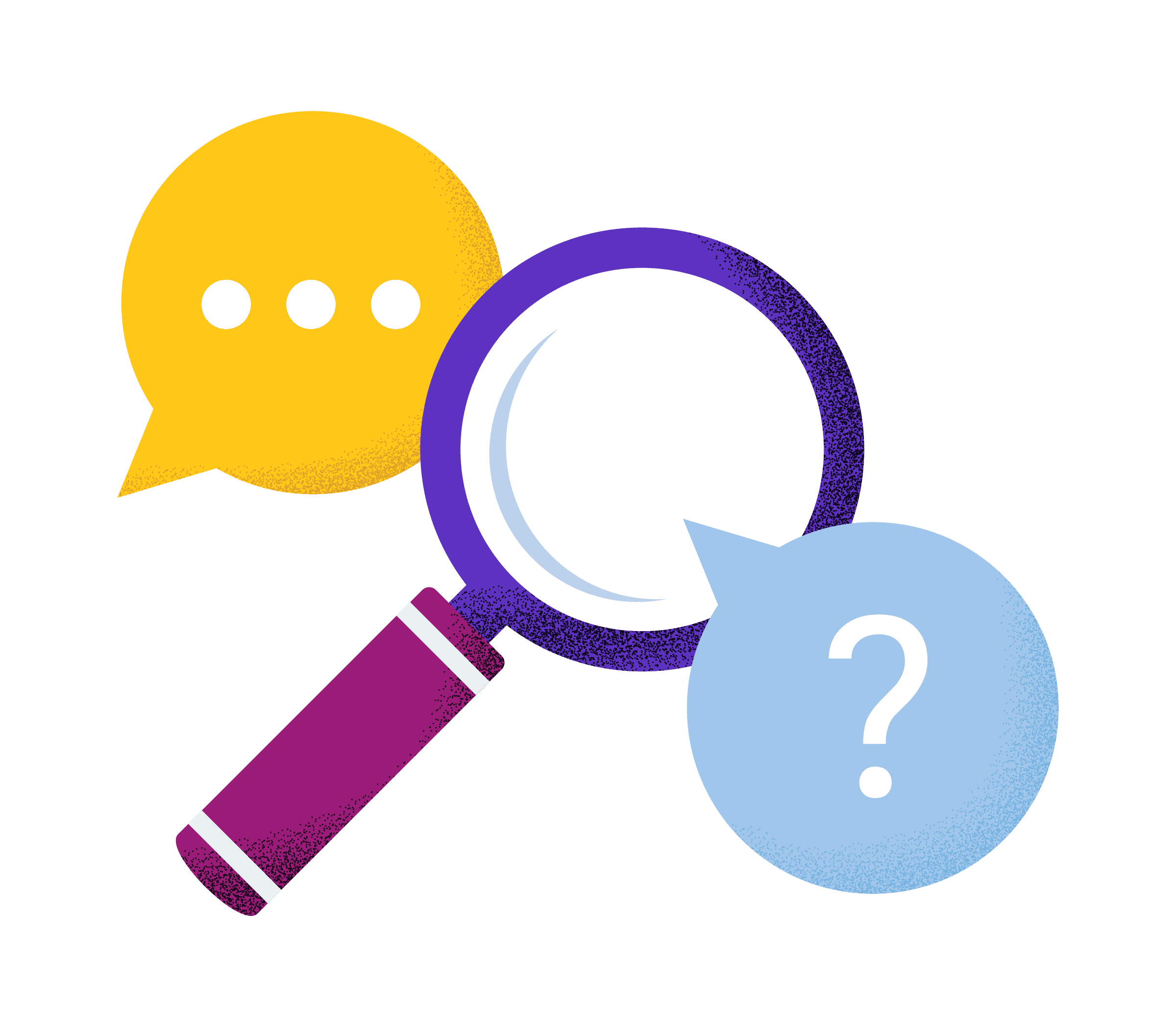 a magnifying glass and speech bubbles