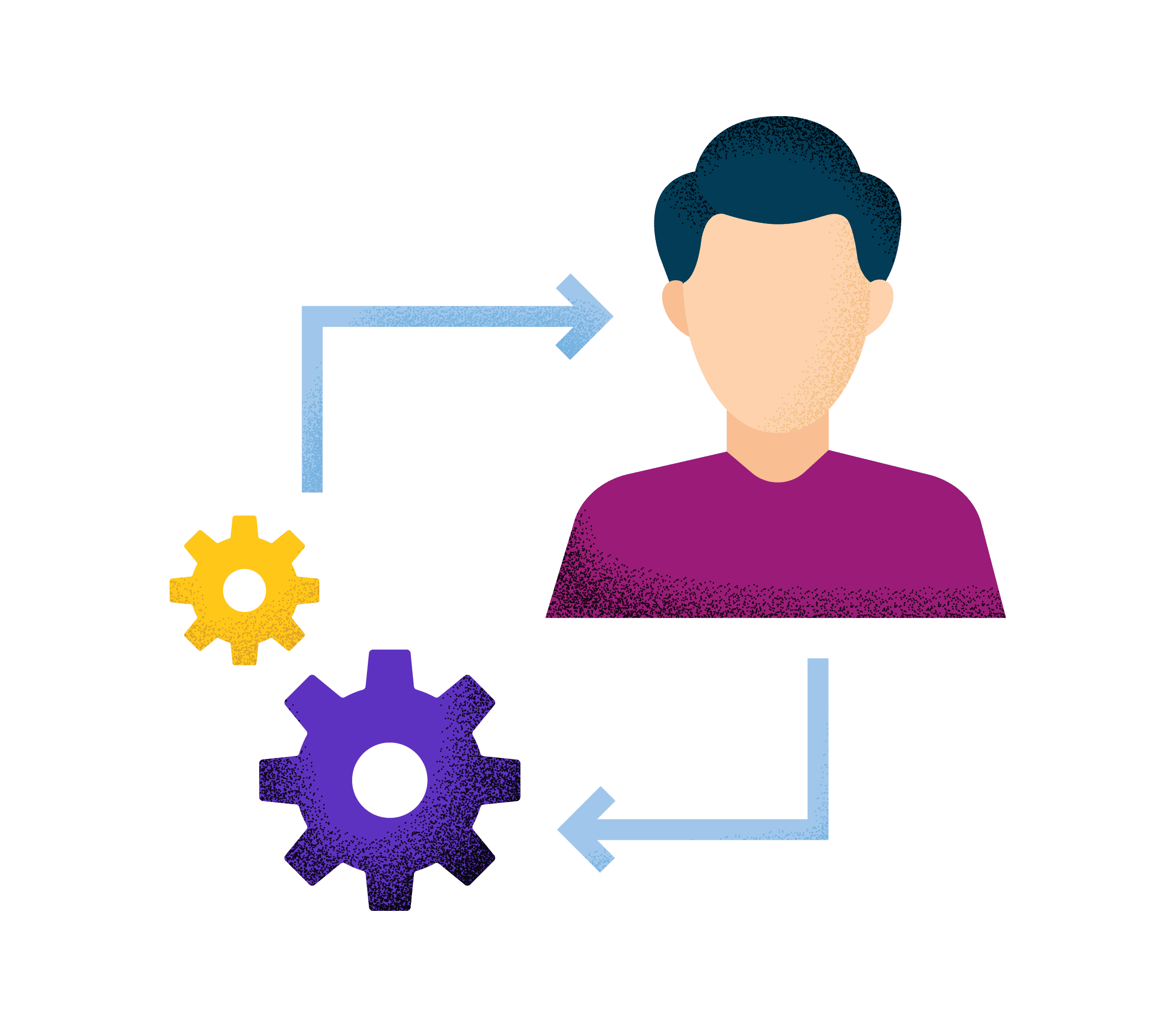 a man with blue hair and purple shirt with gears and arrows