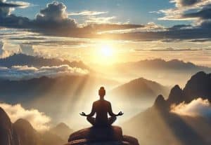 a person sitting on a rock with the sun shining through the clouds