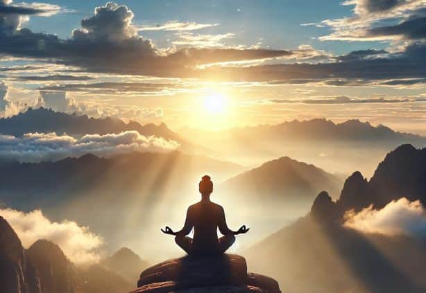 a person sitting on a rock with the sun shining through the clouds